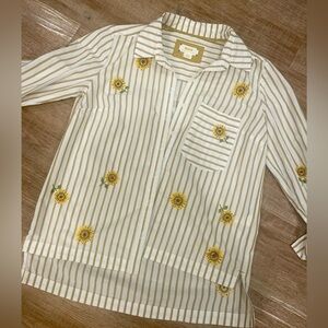 Anthropologie Maeve Embroidered Slim Buttondown Sunflower Striped Shirt - XSP
